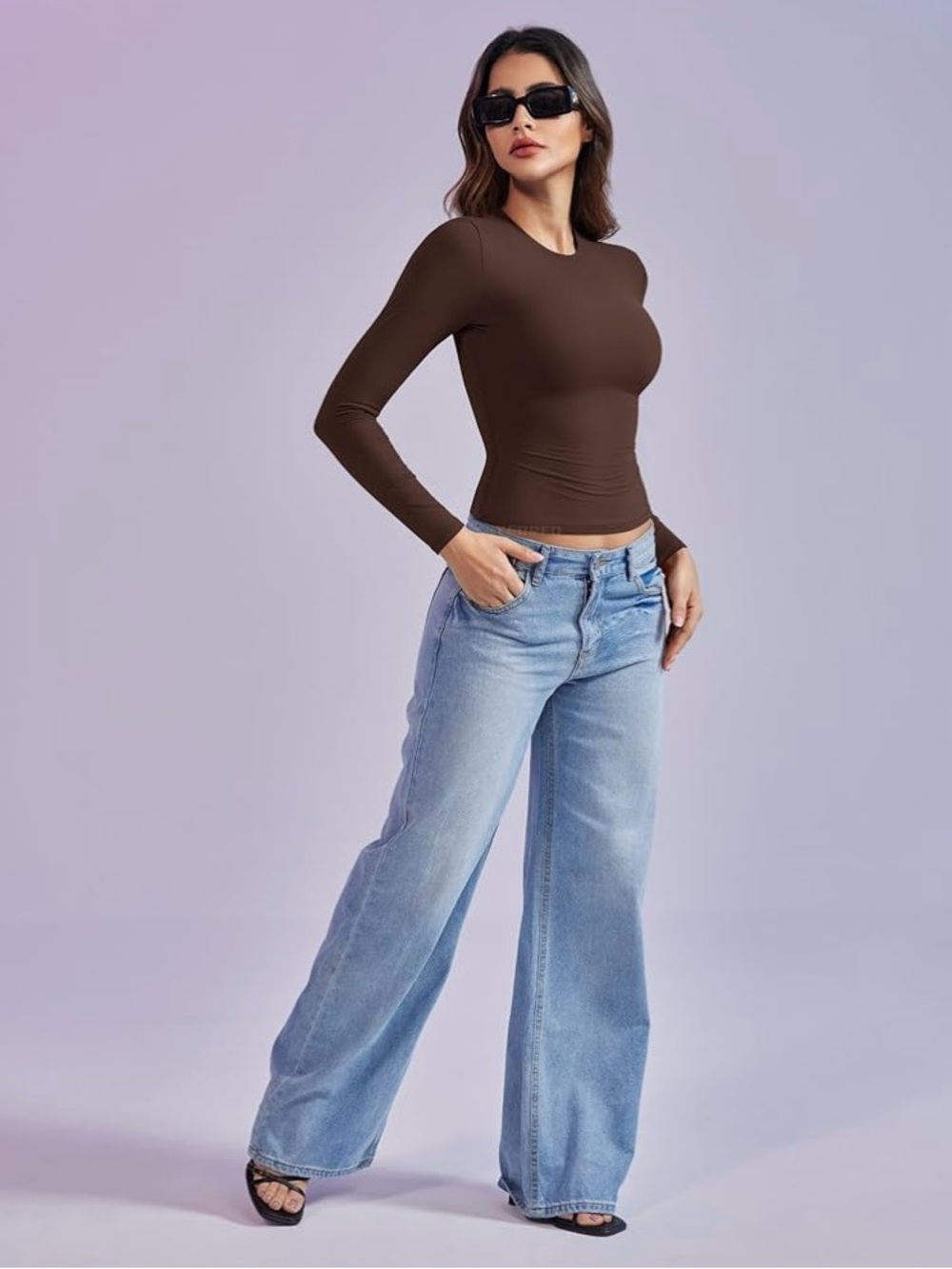 Women Brown Shapewear Classic Long Sleeve Crewneck Top - Brown